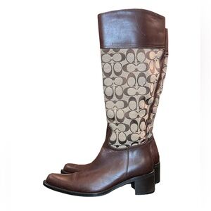 Coach Olivia P156 G2 Tall Monogram Leather Jacquard Boot Size 8 Brown Tan